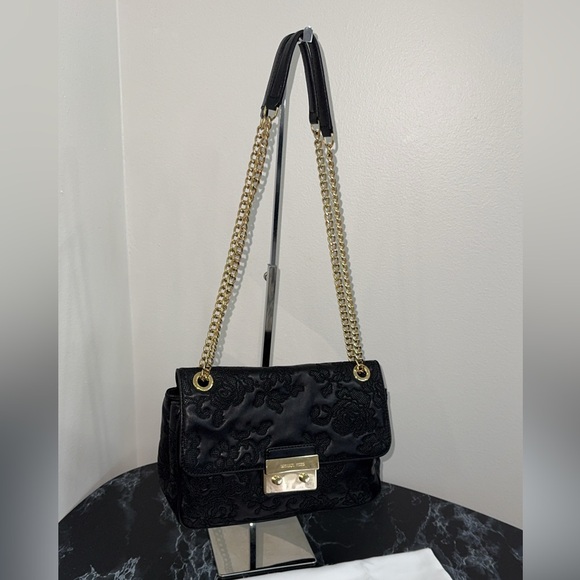 Michael Kors Lace 30h6gl8l3t Sloan LG Chain Leather Shoulder Bag Black AUTHENTIC - Picture 4 of 14